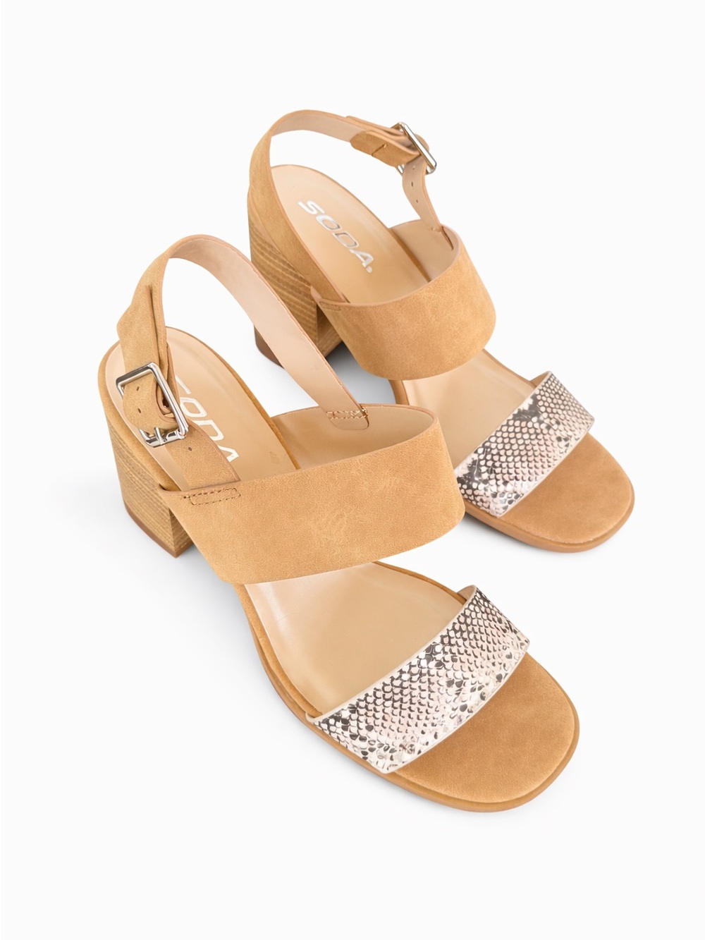 Soda Tan Block Heel Sandals with Snake-Print Toe Strap